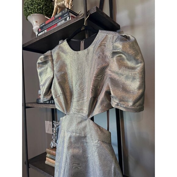Ieena Mac Duggal Metallic Puff Sleeve Cutout Mini Dress Copper Gold Womens Size - Picture 7 of 13